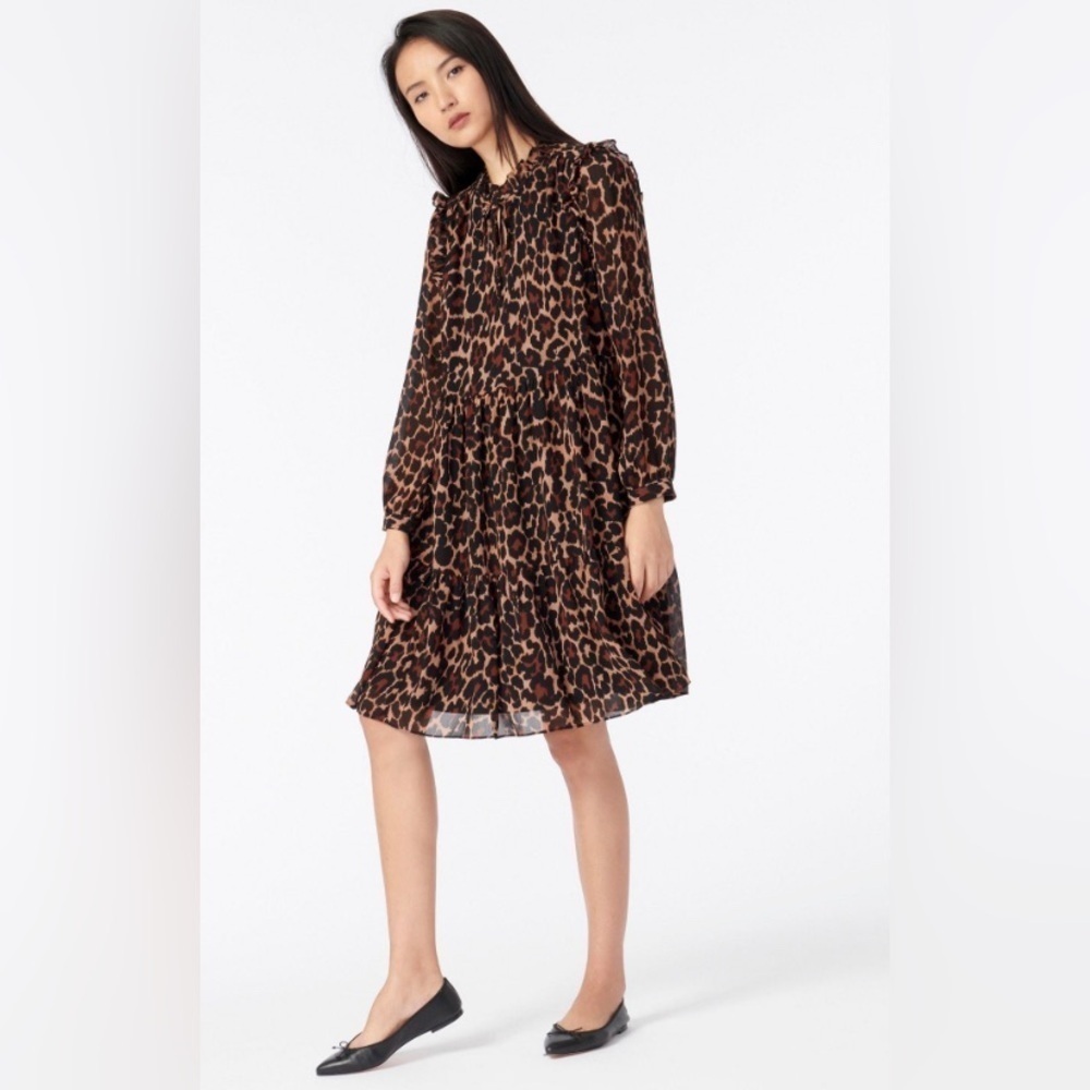 J. Crew Tie-neck Women’s Tiered Ruffle dress in leopard crinkle chiffon Size XS